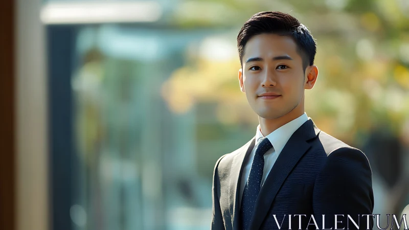 Confident young professional framed in sunlit urban calm.