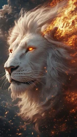Majestic white lion crowned in blazing celestial fire.