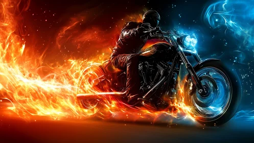 Motorcycle rider traverses contrasting fire and blue energy