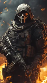 Heavily armed masked soldier in burning battlefield scene.