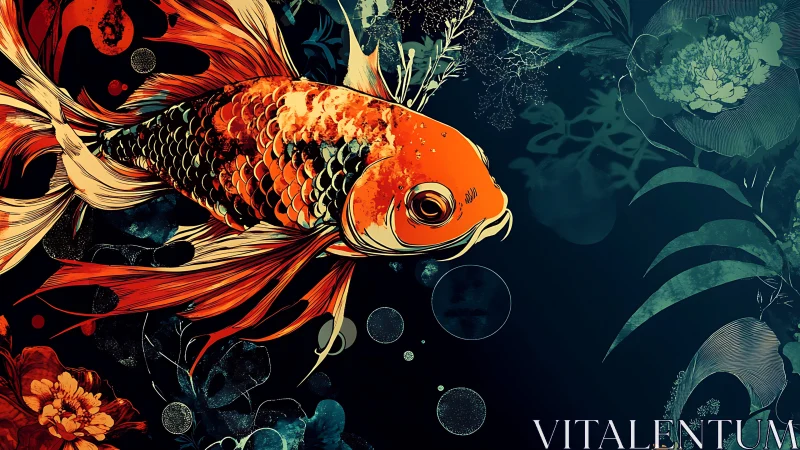 Orange koi fish with flowing fins in dark floral water.
