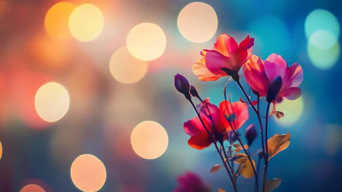 Red flowers with bokeh light elements in gradient background.