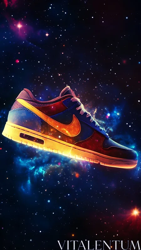 Sneaker product rendering against stylized cosmic background.