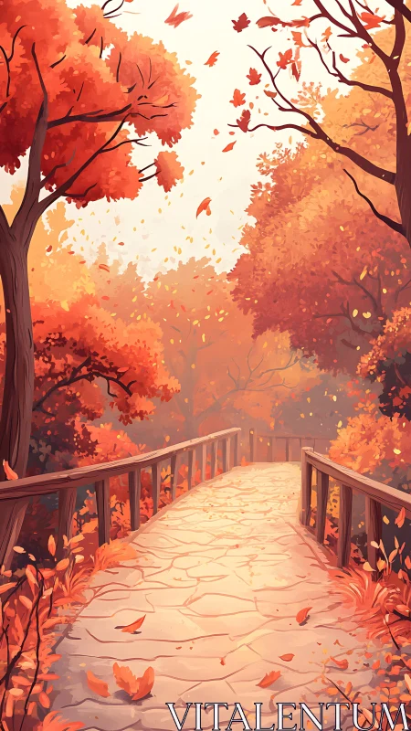 Autumn Forest Pathway with Cascading Falling Leaves and Golden Light