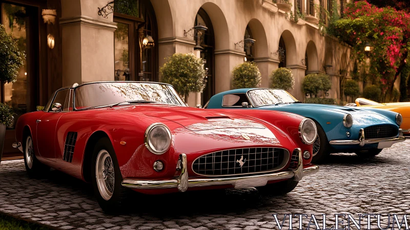 Vintage sports cars parked on cobblestone street courtyard