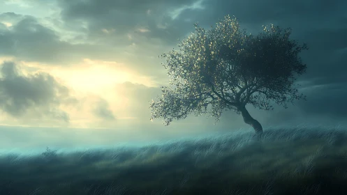 Solitary tree stands on sloped field under diffuse backlight
