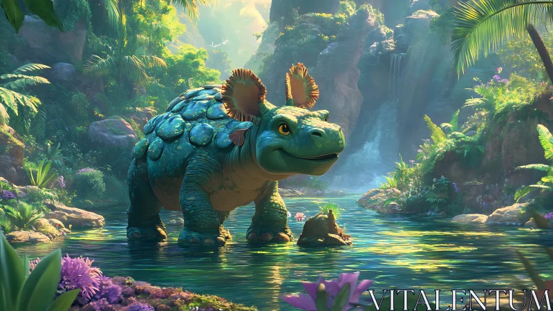 Cheerful dino guardian wades through a gem-bright jungle pool
