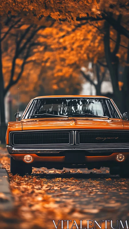 Vintage orange coupe parked on leaf-covered autumn street.