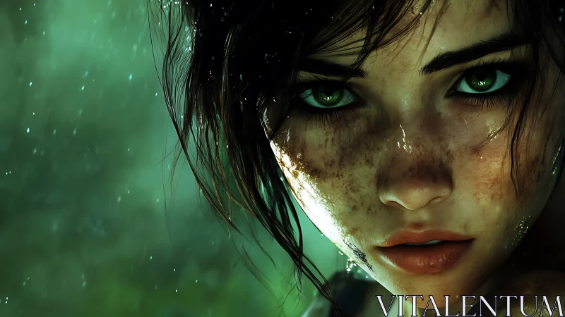 Close digital portrait of wet, freckled female face in rain.