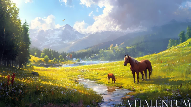Sunlit horses wander through a wildflower alpine dreamscape.