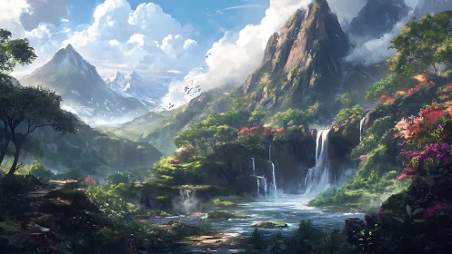 Luminous alpine cascade in panoramic fantasy landscape painting.