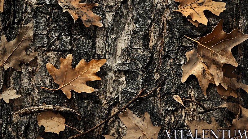 Dry oak leaves on rugged tree bark form a textured autumn study