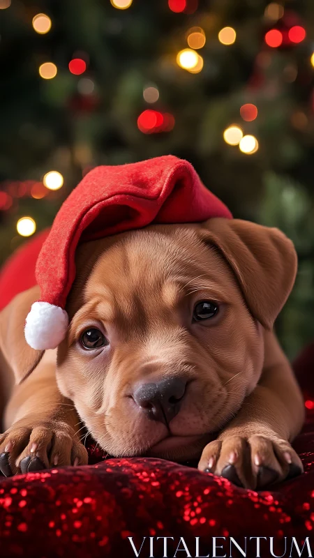 Christmas puppy portrait with Santa hat and bokeh lights.