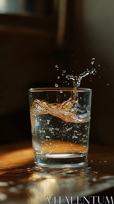 Water splash captured in clear glass on wooden surface.