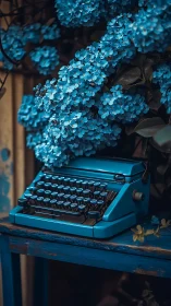 Blue typewriter is positioned beneath dense hydrangea blooms