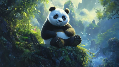 Digital panda character sits on mossy rock in lush valley