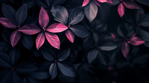 Magenta foliage glows against dark background in moody closeup