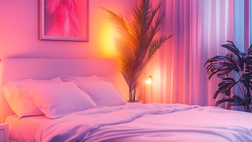 Neon dusk sanctuary where tropical fronds guard soft dreams.