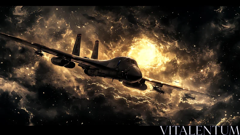 Storm-lit bomber squadron cutting through a burning sky.