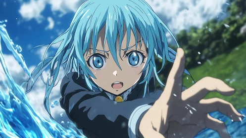 Blue haired anime hero controlling water in dynamic surge.