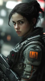 Calm sci fi soldier gazes back with quiet determined focus