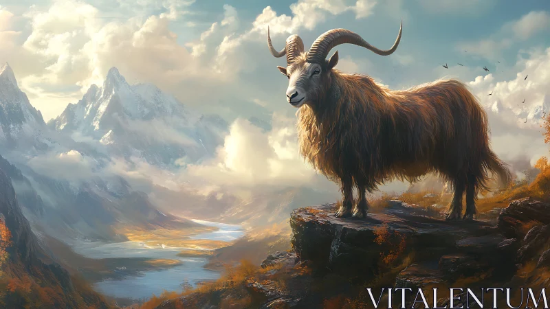 Mountain guardian goat watching over a painted sunrise.