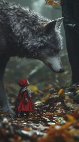 Little red cloak and forest wolf share a quiet pause.
