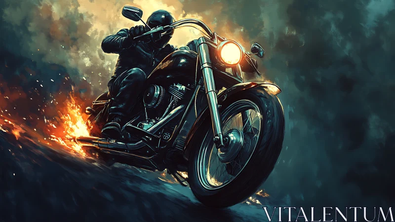 Motorcyclist rides through fire on dark stormy road.