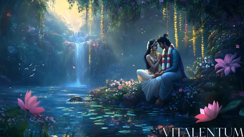 Digital painting depicts couple embracing by luminescent waterfall in enchanted garden setting