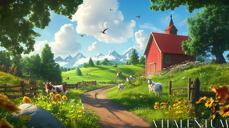 Sunlit pastoral farm valley with stylized animals and red barn
