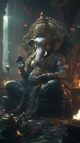Majestic Ganesha idol aglow in candlelit temple reverie.