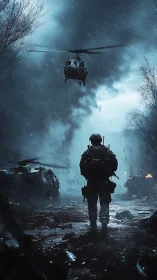Soldier in rain-soaked warzone with helicopters overhead.