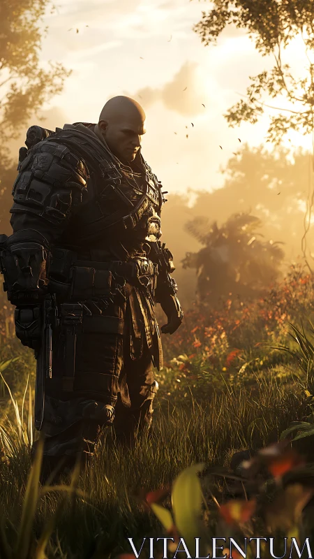 Armored soldier standing in sunlit forest clearing environment.