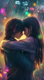 Two Figures Embracing in Neon Rain Storm with Luminous Urban Bokeh