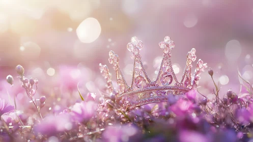 Glittering crystal crown rests softly in dreamy pink flowers