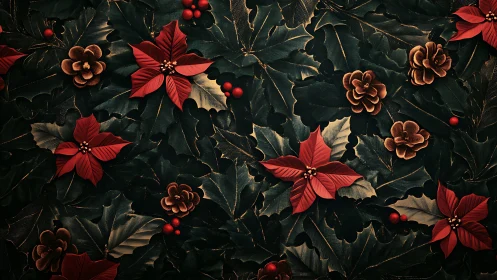 Poinsettias and pinecones over deep evergreen foliage pattern.