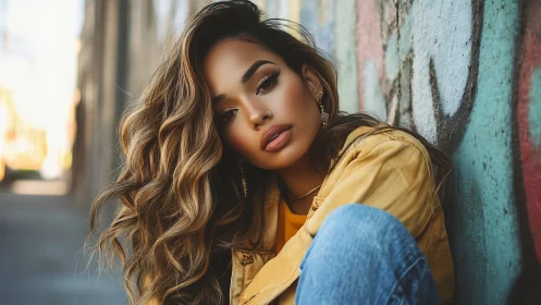 Warm city portrait against colorful graffiti wall.