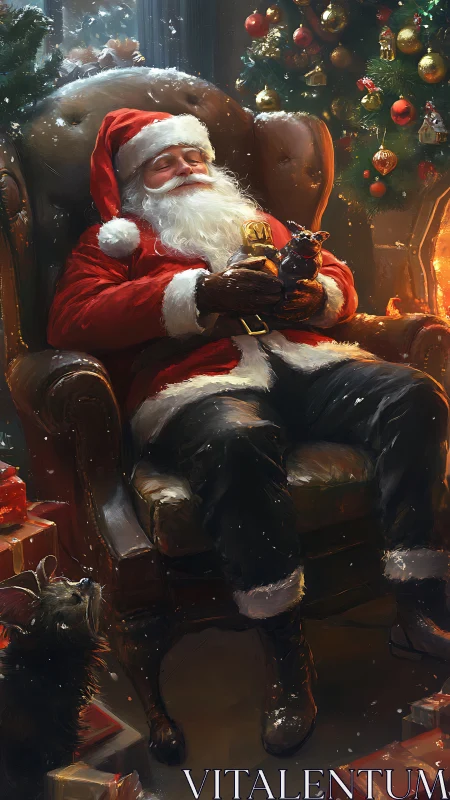 Santa in post-delivery thermal rest state by hearthfire glow.