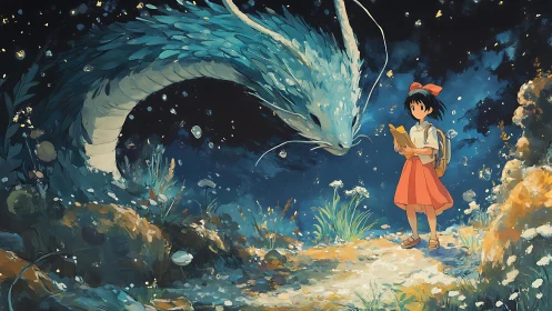 Girl and gentle forest dragon share a quiet starlit path.