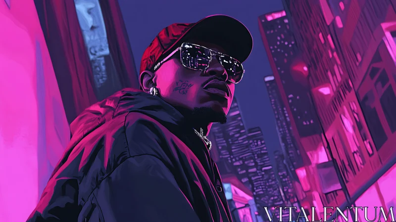 Neon drenched city portrait of man in reflective shades.