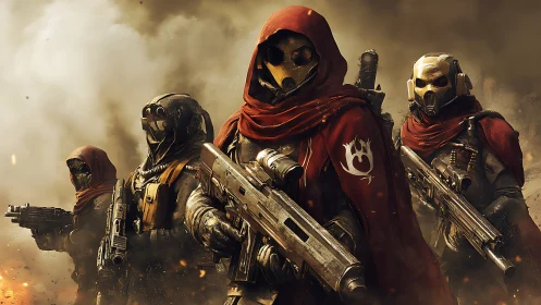 Armored soldiers with red cloaks in smoky battlefield scene.