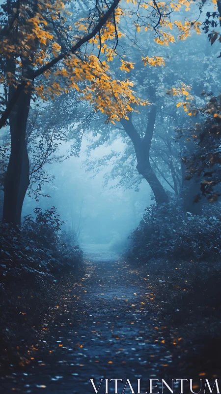 Autumn Forest Pathway with Atmospheric Perspective and Backlit Foliage