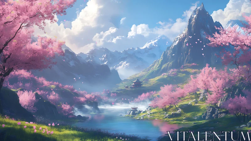 Alpine sakura valley with tiered river basin and shrine pavilion.