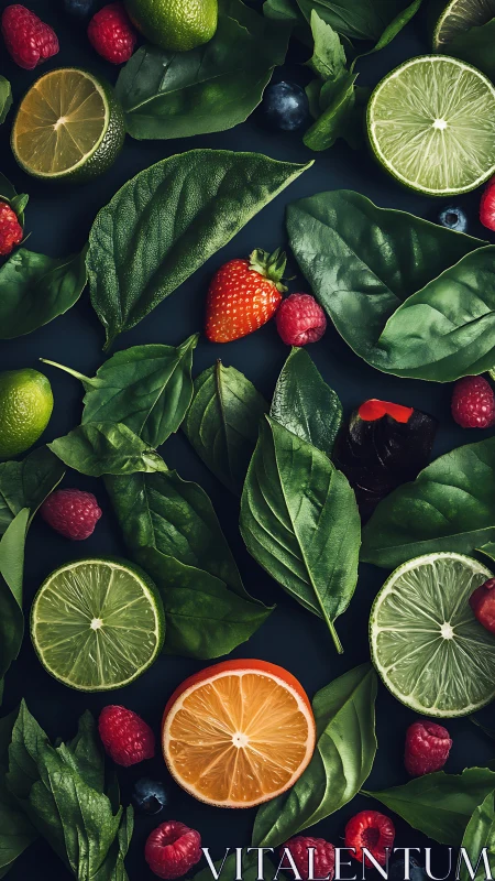 Citrus slices with berries on dark basil leaf backdrop.