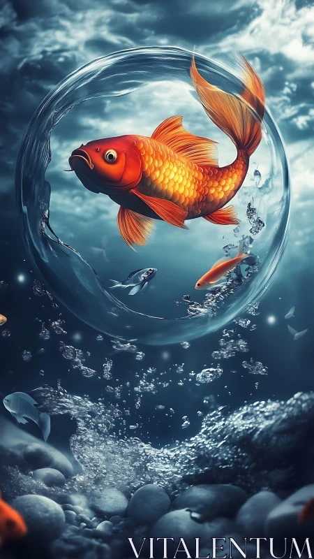 Glowing golden koi fish glides through a swirling water ring