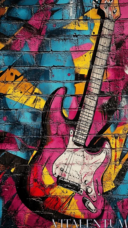 Electric guitar mural dominates vibrant graffiti brick wall
