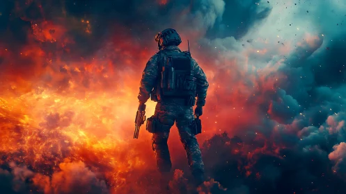 Armed soldier silhouette in front of large fire and smoke field.