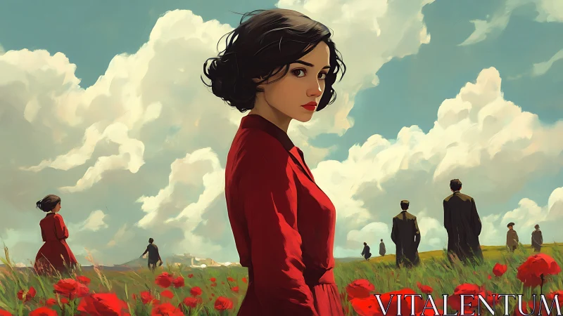 Woman in Red Dress in Surreal Poppy Field, Painterly Style.
