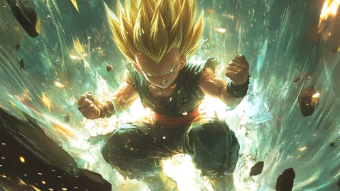 Golden-haired anime warrior unleashes explosive skyward power.