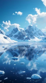 Polar mirror mountains under a wide waking blue sky.